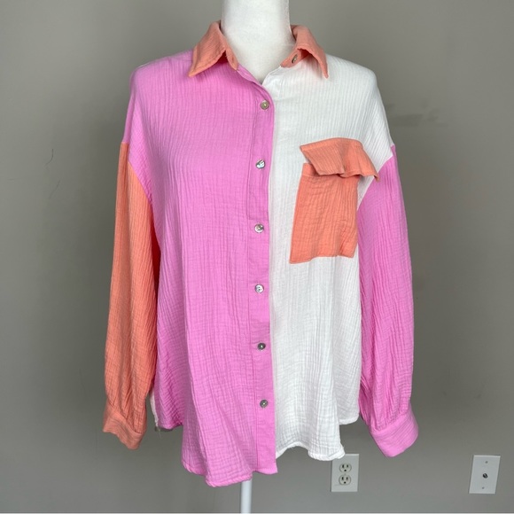 ENTRO COLOR BLOCK BUTTON UP COLLARED COTTON GAUZY TOP SIZE SMALL - Picture 6 of 15